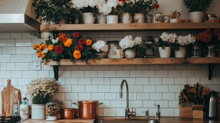A charming kitchen scene featuring wooden shelves adorned with vibrant flowers and essential cooking tools. This inviting space reflects a warm and cozy atmosphere.の素材