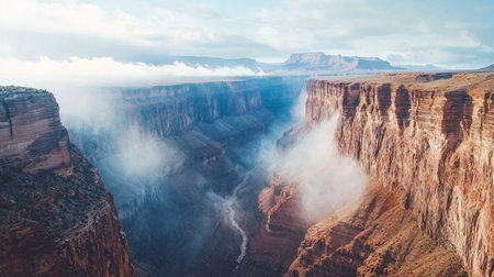 Explore a breathtaking view of the Grand Canyon, capturing the majesty of rocky cliffs and soft clouds as they cradle the landscape in morning light.の素材
