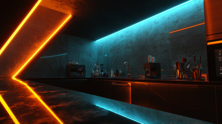 A beautifully designed modern kitchen featuring vibrant neon lighting, sleek countertops, and stylish appliances that enhance any culinary experience. Perfect for inspiration.の素材