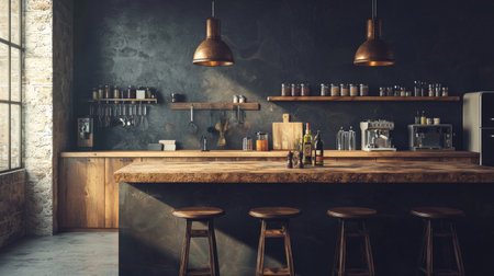 A stylish and inviting kitchen space featuring a rustic wooden bar, copper pendant lights, and neatly arranged shelves creating a warm and cozy atmosphere.の素材