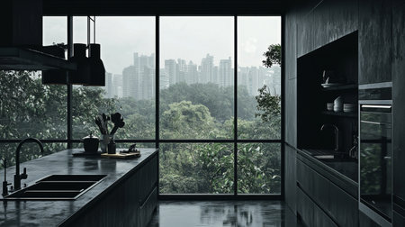 A sleek modern kitchen highlighted by large windows that offer a serene view of a city skyline framed by lush greenery, creating a harmonious indoor-outdoor experience.の素材