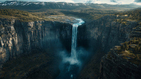 This stunning image captures a waterfall plunging into a deep canyon, surrounded by lush forests and majestic mountains under a clear sky, showcasing nature's beauty.の素材