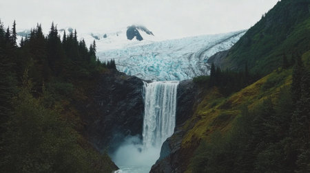 A breathtaking waterfall flows powerfully over a rocky cliff, framed by a lush green forest and stunning glacier-capped mountains under a cloudy sky.の素材