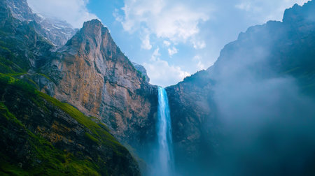 A stunning waterfall drops majestically from towering cliffs, surrounded by lush greenery and misty skies, creating an enchanting natural spectacle perfect for adventure seekers.の素材
