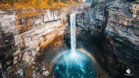 Experience the awe of nature at this stunning waterfall, where water cascades into a rocky gorge, revealing a colorful rainbow and vibrant surrounding landscape.の素材