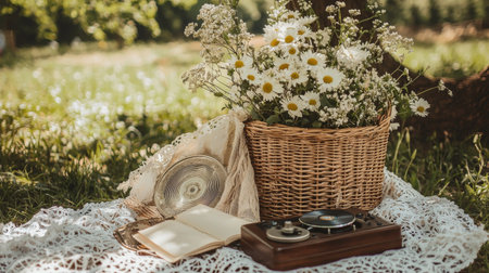 A beautifully styled outdoor picnic scene featuring a vintage record player, fresh daisies in a woven basket, and an open book on delicate lace.の素材