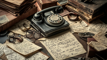 A captivating vintage desk scene featuring an antique telephone surrounded by old letters, eyeglasses, and leather-bound books, evoking nostalgia and historic charm.の素材