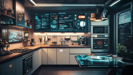 Explore a cutting-edge kitchen featuring advanced technology and sleek design, highlighting smart appliances and illuminated digital displays for modern cooking.の素材