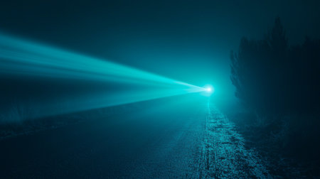 A tranquil road shrouded in thick fog is illuminated by a striking blue light beam, creating an atmospheric and mysterious setting ideal for dramatic visuals.の素材