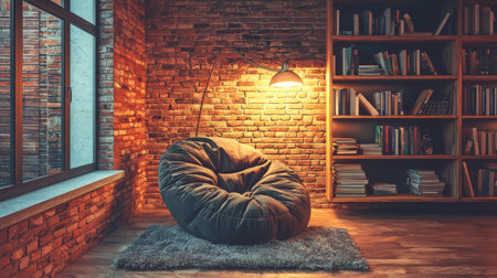 This image showcases a cozy reading nook featuring a bean bag chair, warm lighting, a wooden floor, and a charming brick wall, perfect for relaxation and inspiration.の素材