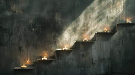 A peaceful scene featuring glowing candles placed on stone steps against a textured wall, creating a calming and serene atmosphere perfect for reflection or meditation.の素材