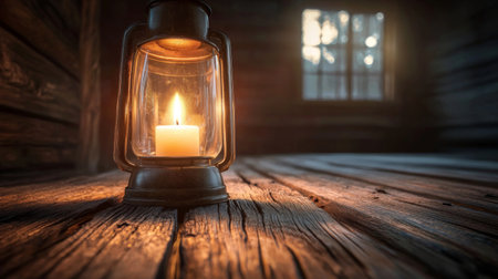 A vintage lantern with a glowing candle casts a warm light in a rustic wooden interior, creating a cozy atmosphere filled with tranquility and charm.の素材