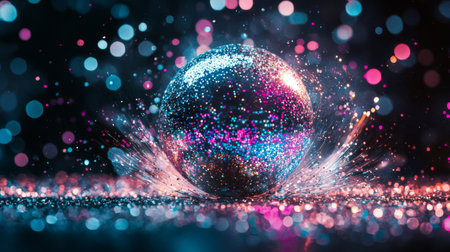 Stunning disco ball surrounded by colorful bokeh lights creates a dreamy atmosphere, while water splashes add dynamic vibrancy to the festive scene.の素材