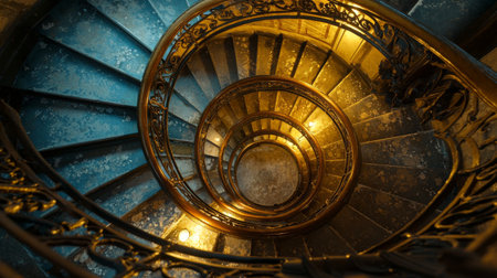 Captivating view of an intricate spiral staircase featuring elegant railings and warm lighting. Perfect for architectural design, interior aesthetics, and visual art exploration.の素材