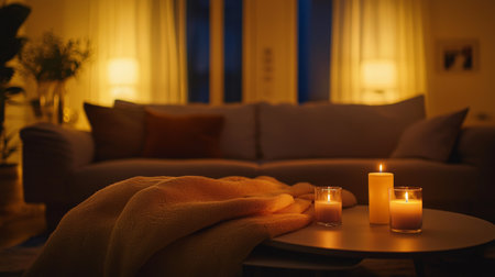 A serene living room setting featuring soft lighting and flickering candles on a small table. A cozy blanket drapes over the couch, creating warmth and comfort.の素材