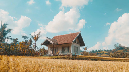 Charming rural house standing in golden rice fields under a bright blue sky. Perfect representation of tranquility and natural beauty in a peaceful countryside setting.の素材