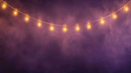 This captivating image features softly glowing string lights against a dreamy purple background, enhanced by a hazy smoke effect, creating a warm, inviting atmosphere.の素材
