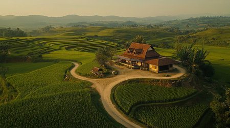 Experience the serene beauty of a rural landscape, featuring vibrant green rice fields and a charming house, captured at sunrise against a picturesque mountain backdrop.の素材
