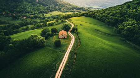 This stunning aerial image captures a winding path through a lush green landscape, leading to a quaint cottage nestled among rolling hills and forest.の素材