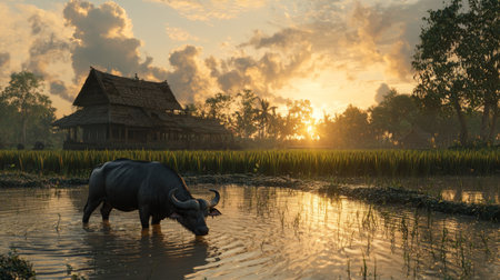 A stunning landscape showcasing a water buffalo in a peaceful pond at sunset, blending agricultural beauty with serene rural life near a traditional hut and lush rice fields.の素材