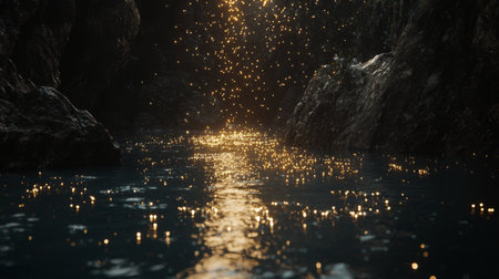 A captivating scene featuring a magical river illuminated by distant light, creating shimmering reflections on calm water amidst rugged rock formations.の素材
