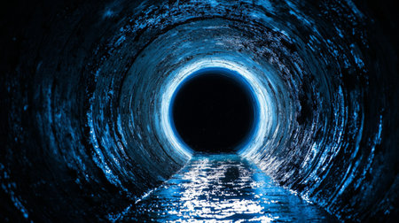 A captivating view inside a circular pipe filled with dark water, illuminated by striking blue light that invites exploration of its mysterious depths.の素材