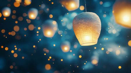 A stunning scene of illuminated lanterns suspended in a tranquil night sky, surrounded by soft glowing orbs, creating a magical and festive atmosphere.の素材