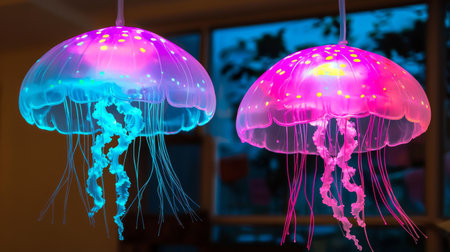 These enchanting jellyfish lamps feature vibrant colors and a soothing glow, perfect for enhancing any indoor space and creating a calming, whimsical atmosphere.の素材