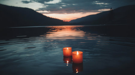 A peaceful evening scene featuring glowing candles floating on a calm lake, surrounded by majestic mountains and a vibrant, colorful sunset reflecting on the water.の素材