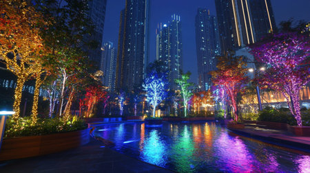 A stunning view of an urban park illuminated by colorful lights at night, showcasing vibrant trees and tall skyscrapers, creating a serene cityscape by the water.の素材