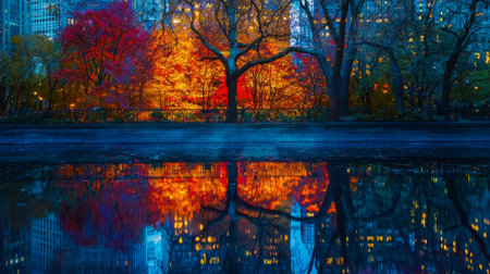 A breathtaking view of colorful autumn trees reflecting on calm water in a city park at dusk. The scene captures vibrant hues amidst an urban backdrop, creating tranquility.の素材