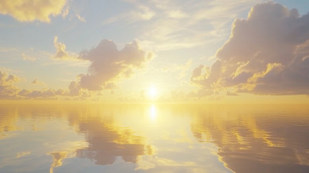 A breathtaking scene capturing a serene sunrise over calm waters. Fluffy clouds reflect beautifully on the glassy surface, creating a tranquil and peaceful atmosphere.の素材