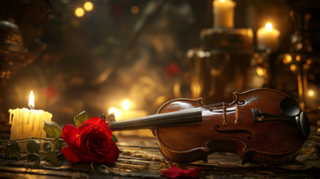 A beautifully arranged vintage violin rests beside a vibrant red rose, illuminated by soft candlelight, creating an intimate and romantic atmosphere for artistic inspiration.の素材