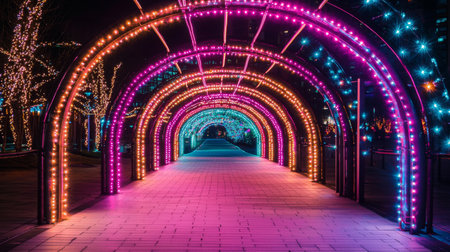 A stunning light tunnel created by colorful LED lights creates a mesmerizing urban pathway for visitors, showcasing vibrant colors and delightful reflections at night.の素材
