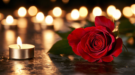 A captivating image showcasing a single red rose lying beside a softly flickering candle, creating a romantic and serene atmosphere perfect for special occasions or intimate moments.の素材