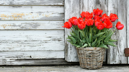 This image features a stunning arrangement of bright red tulips in a rustic basket, set against an aged wooden backdrop, conveying natural beauty and freshness.の素材