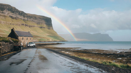 Beautiful coastal scene featuring a rustic cottage by the sea, a vibrant rainbow arching over majestic cliffs, and a tranquil road leading to stunning horizons.の素材