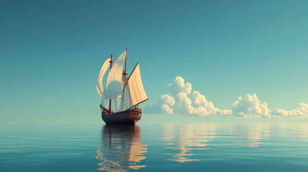 A stunning sailing ship glides across the calm blue waters, its sails billowing gracefully against a backdrop of soft clouds and a serene sky, evoking tranquility.の素材