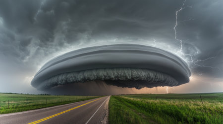 Awe-inspiring view of a thunderstorm showcasing a massive cloud formation above a deserted road. Lightning illuminates the dark sky, highlighting natureの素材