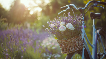 A charming vintage bicycle adorned with a wicker basket filled with beautiful flowers, set against a scenic lavender field glowing in soft evening light.の素材