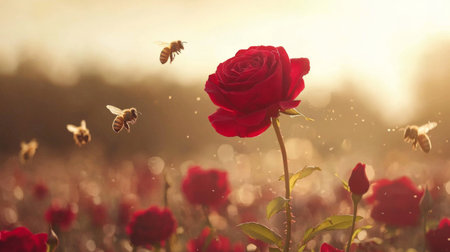 A stunning close-up of a bright red rose stands tall in a sunlit field as bees buzz around, highlighting the beauty and tranquility of nature in bloom.の素材