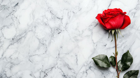 This stunning image features a vibrant single red rose resting on a luxurious marble surface, showcasing the delicate beauty and freshness of nature in an elegant still life.の素材