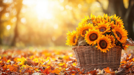 A stunning basket filled with bright sunflowers surrounded by fallen autumn leaves, capturing the warmth and beauty of a sunny seasonal day in nature.の素材