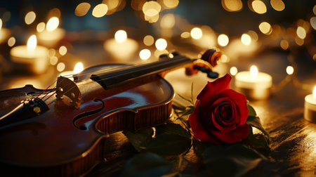 This enchanting still life showcases a violin alongside a red rose and soft candle lights, creating a warm and romantic atmosphere perfect for artistic and sentimental themes.の素材