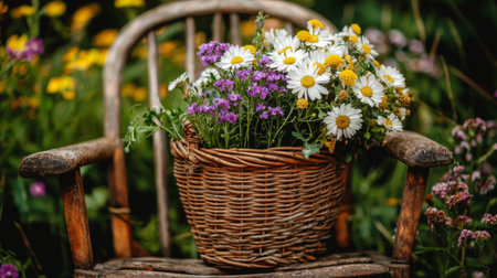 A rustic wooden chair with a wicker basket filled with lively wildflowers creates a charming outdoor scene, encapsulating the serene beauty of nature.の素材