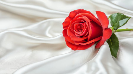 A stunning red rose rests gracefully on smooth silk fabric, emphasizing its vibrant color and intricate details, ideal for themes of love and romance.の素材