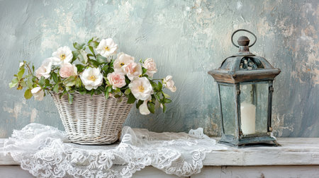 A beautiful floral arrangement featuring soft-colored flowers in a woven basket beside a vintage lantern, set against a textured background. Perfect for home decor inspiration.の素材