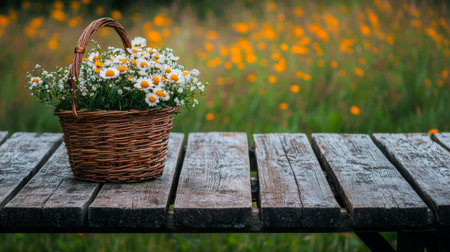 A rustic woven basket filled with delicate wildflowers sits on a weathered wooden table, surrounded by a lush green field brightened by small yellow blooms under soft sunlight.の素材
