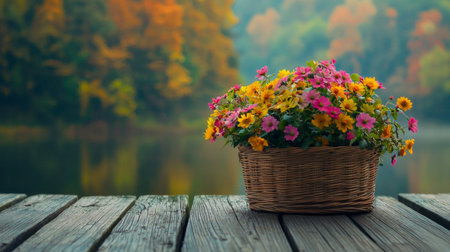A beautiful flower basket filled with bright blooms rests on a rustic wooden deck, reflecting vibrant autumn colors in the serene water, creating a tranquil outdoor scene.の素材