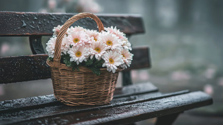 A delightful arrangement of white daisies in a woven basket sits on a rain-drenched bench, surrounded by a misty atmosphere, evoking feelings of peace and tranquility.の素材